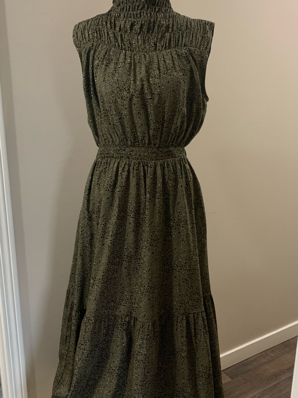 THML Olive Smocked Maxi Dress with Subtle Dot Print
